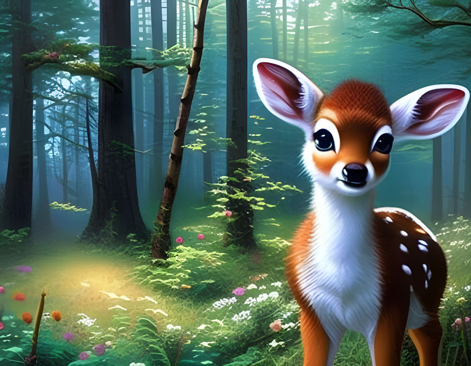 Cute Fawn in Forest with Ethereal Lighting