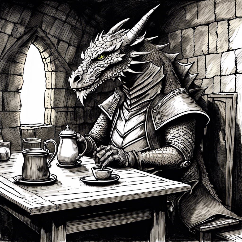 Dragon sitting at a table drinking tea in a dungeon, black a...