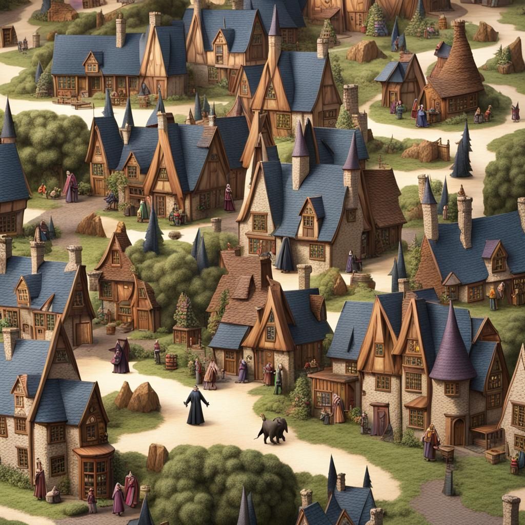 Enchanting Wizard Village with Cats and Brooms