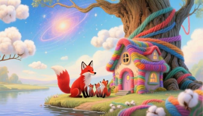 Whimsical Thread Fox Family Lives by Ancient Tree