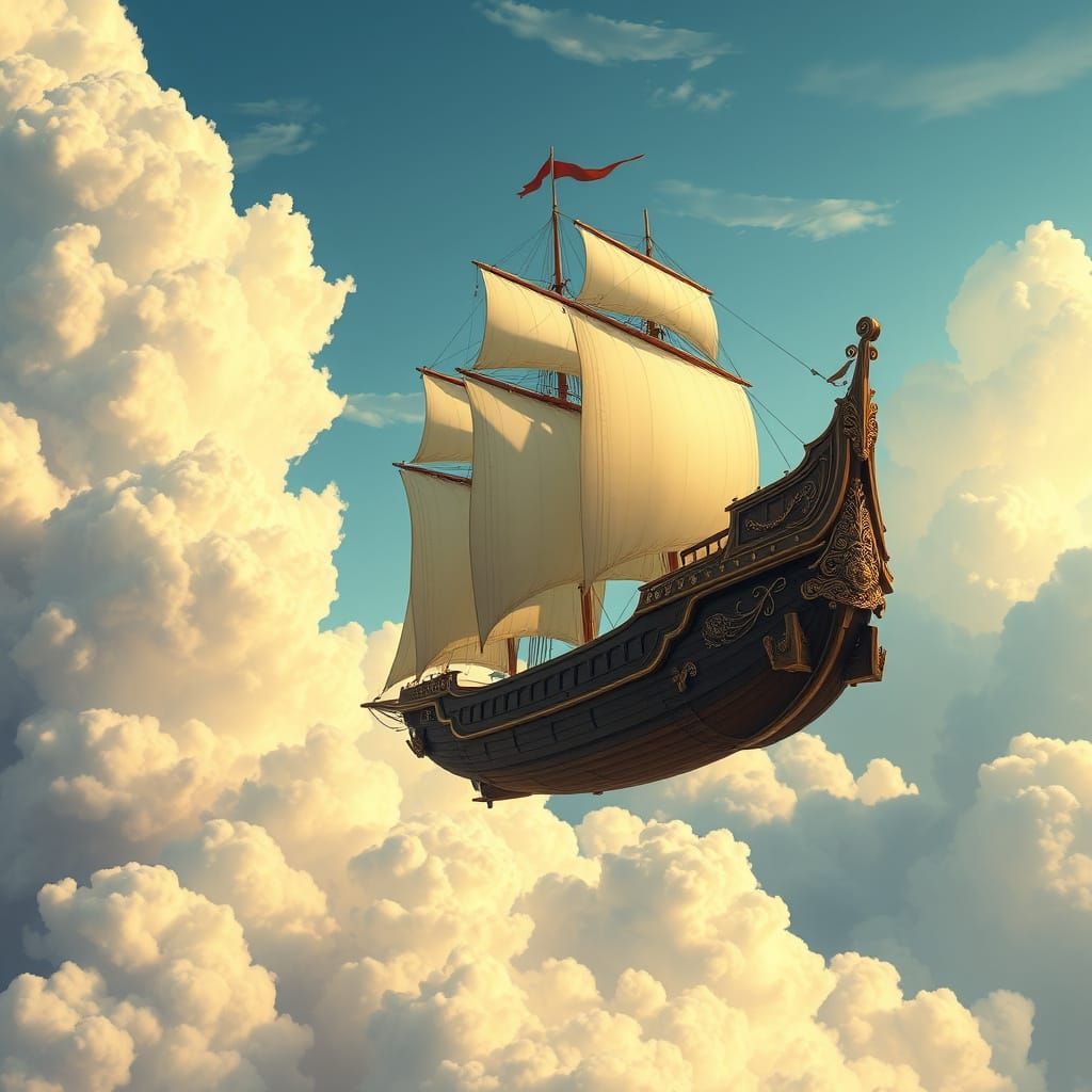 Majestic Flying Ship in Cyberpunk Fantasy Style