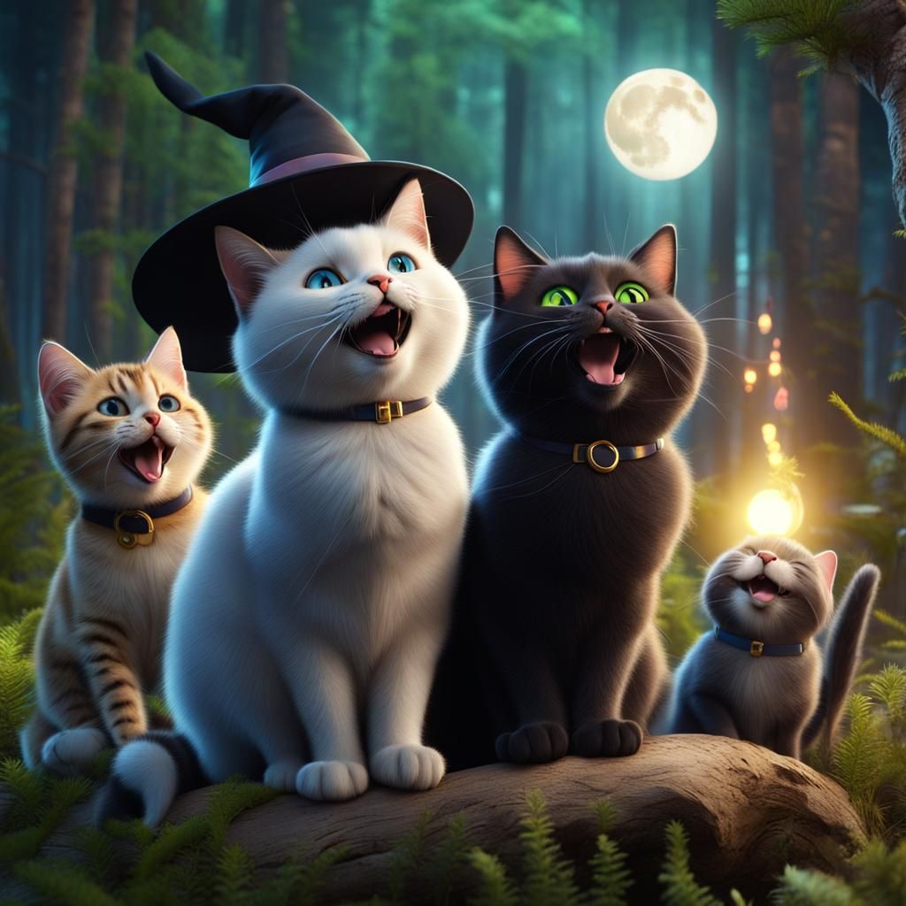 Surreal Witch Cats Highlighting Contagious Laughter in Fores...