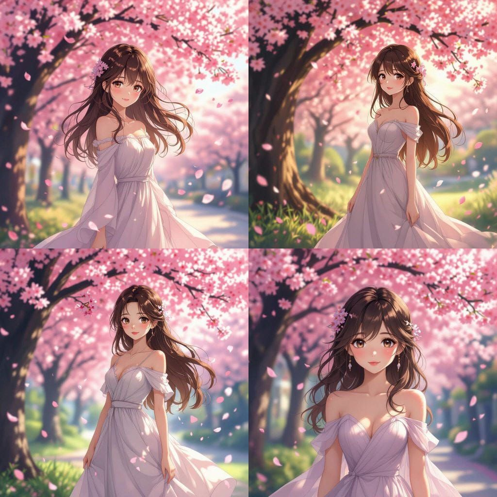 Anime Girl in Flowing Gown Under Cherry Blossoms