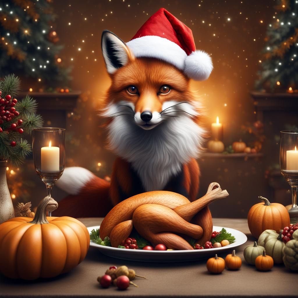 Festive Fox with Santa Hat and Thanksgiving Turkey