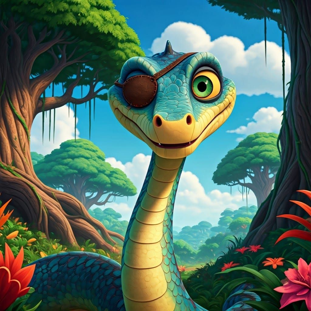 One-Eyed Serpent in Sun-Drenched Forest: 3D Animated Style