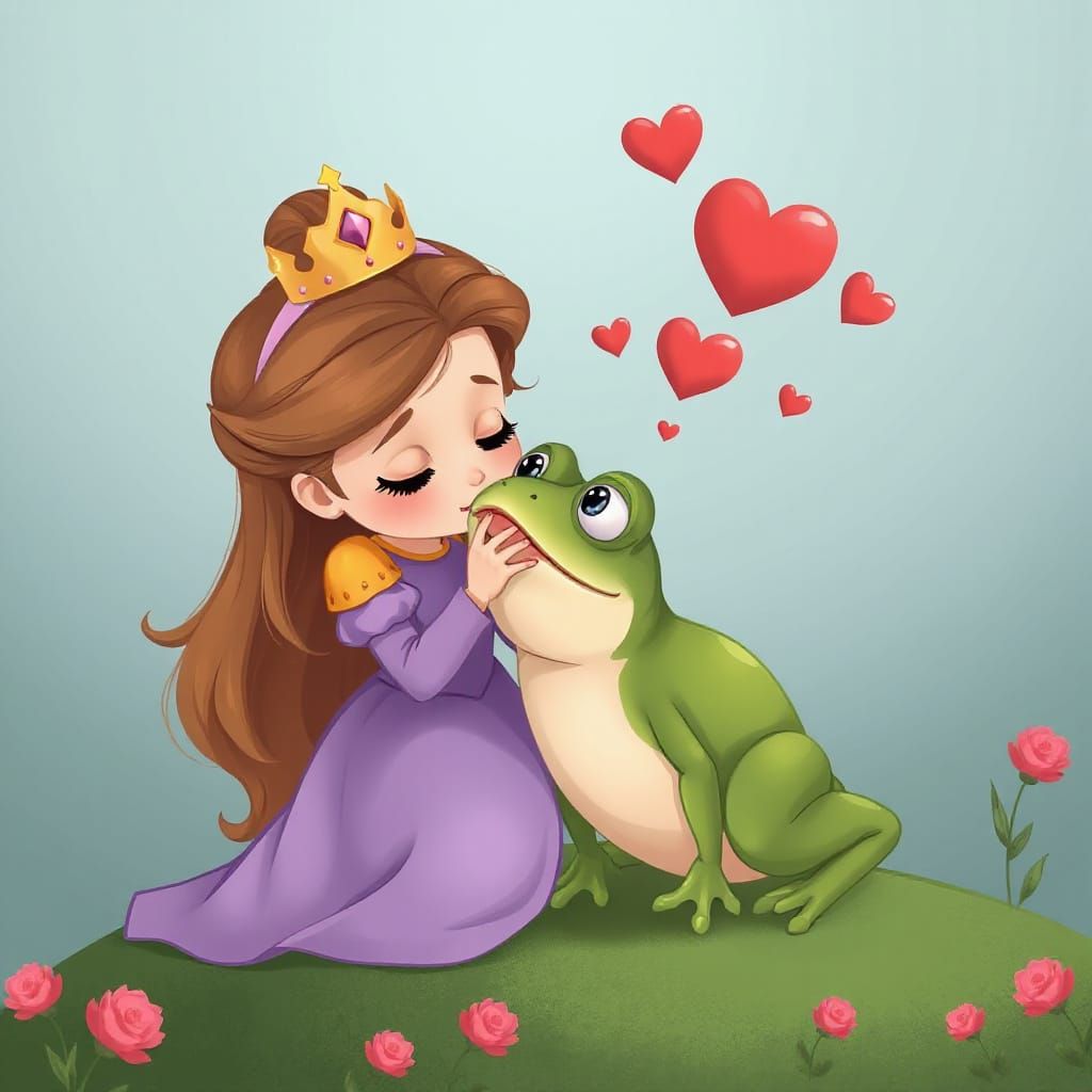 Fairytale Princess Kisses Shocked Bullfrog in Cartoon