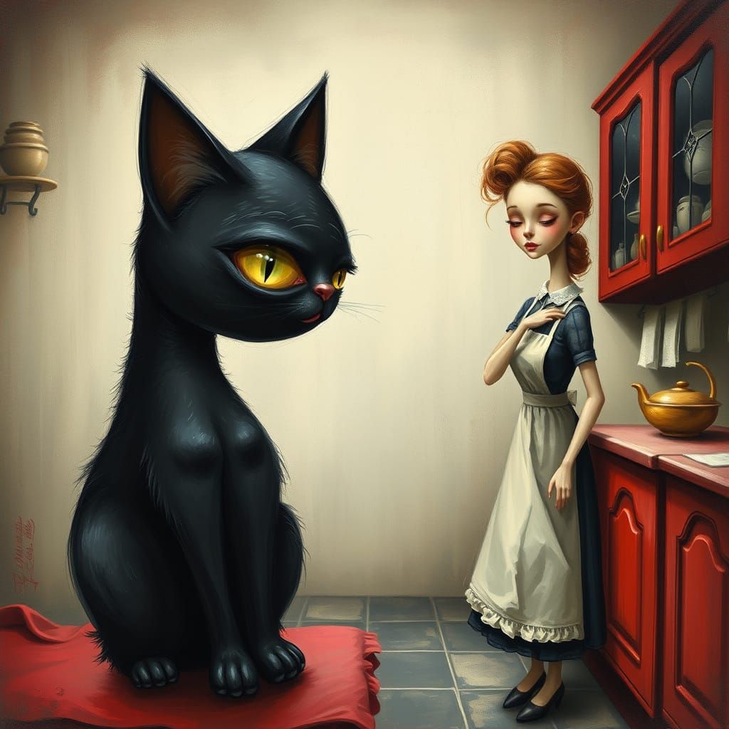 Surreal Black Cat in Kitchen, Whimsical Painting