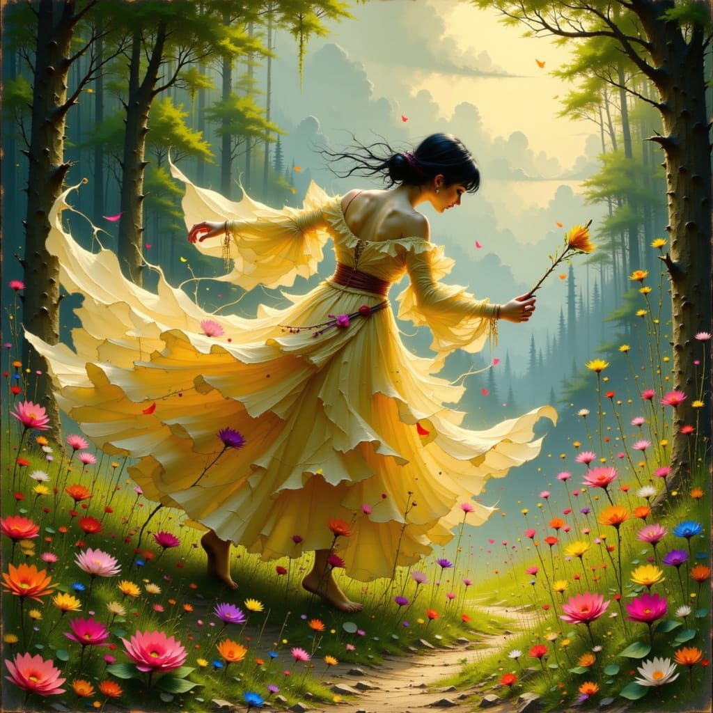 Mystical Slavic Spirit Dancing in Sunlit Meadow