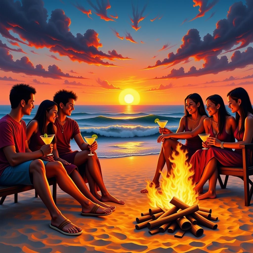 Beach Party Illustration with Bonfire and Guitar Player