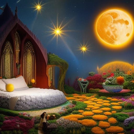 Woman and Cat in Surreal Sun and Moon Bed