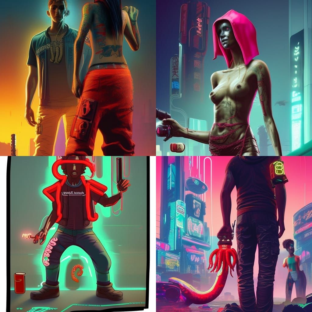 Red-Skinned Tentacle Head Character in Cyberpunk Style