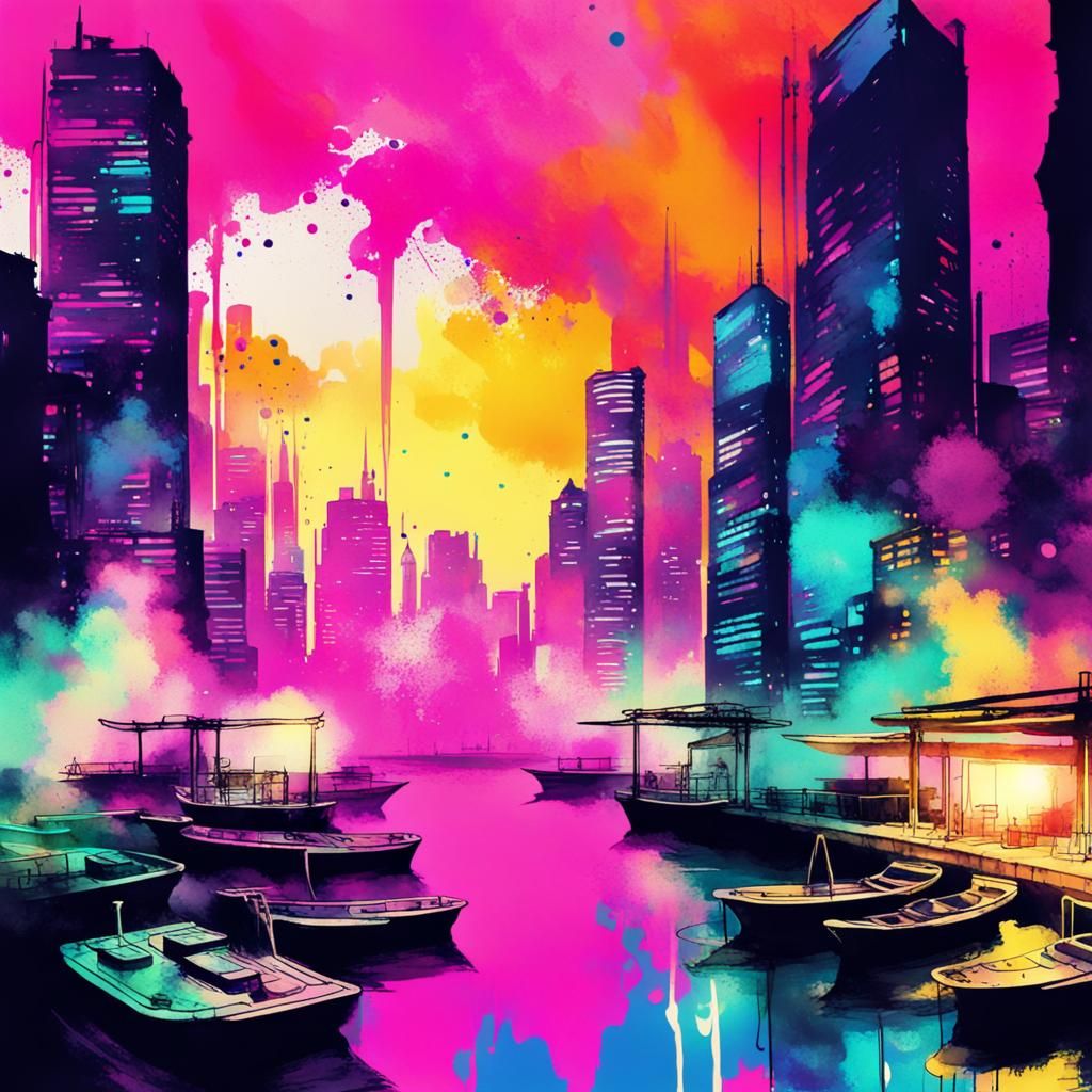 Cyberpunk Harbor Cityscape in Vaporwave Ink Style