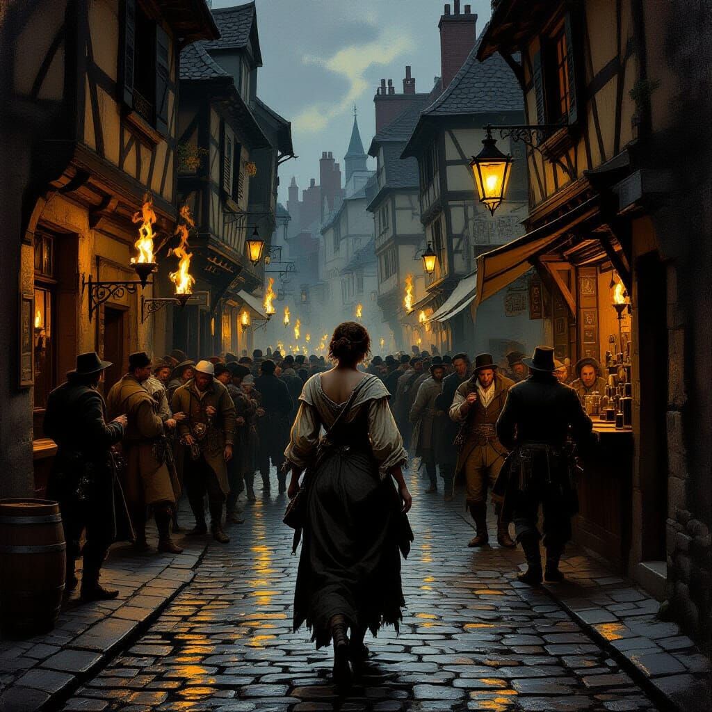 Medieval Paris Street Scene at Night