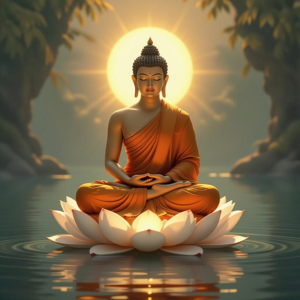 Meditating Buddha on Lotus in Golden Light