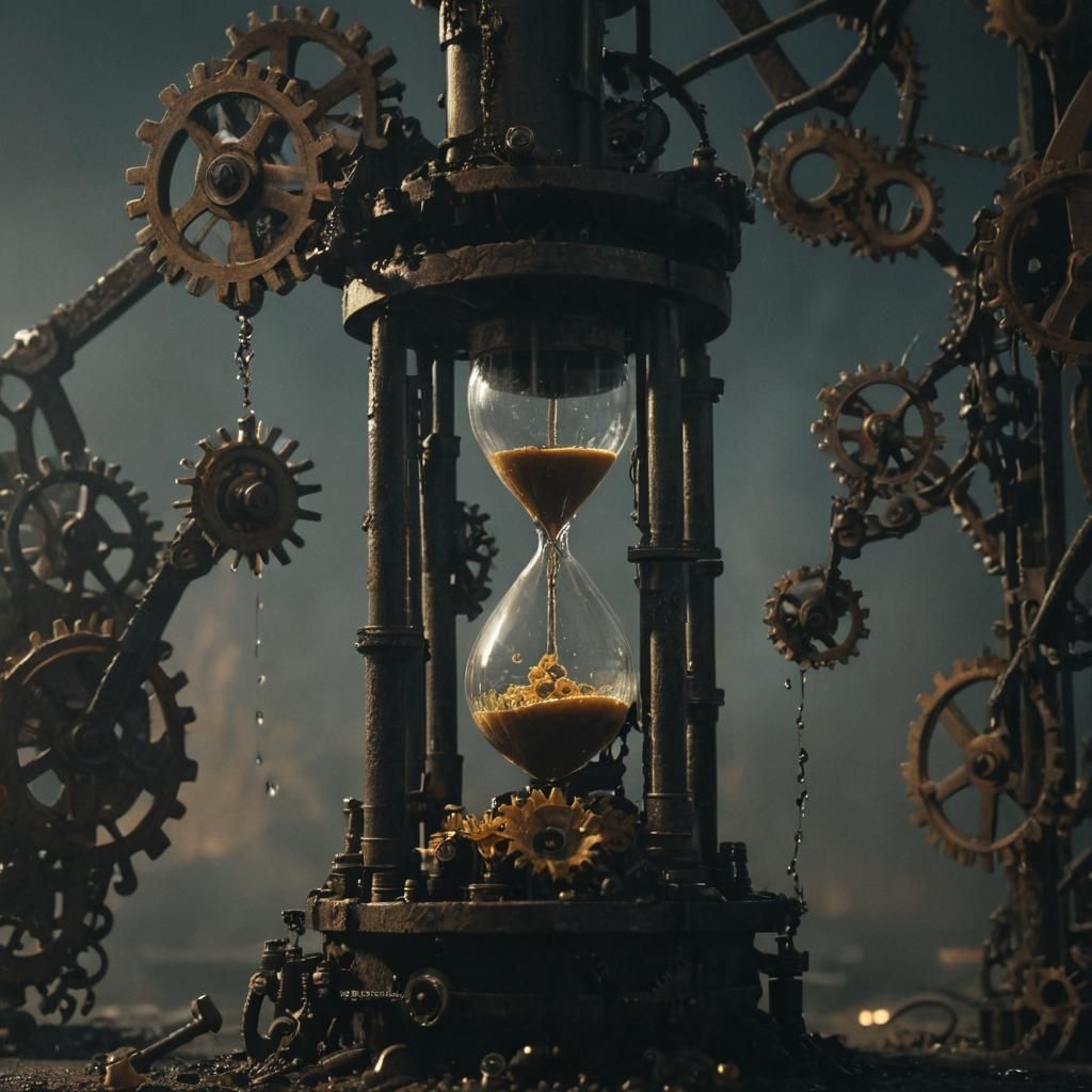 Melting Clockwork Hourglass in Industrial Surrealism Style