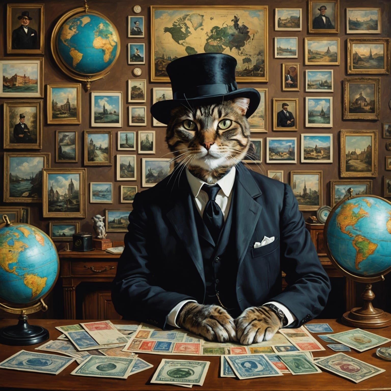 Cat Philatelist in Victorian Office: Surreal Oil Painting