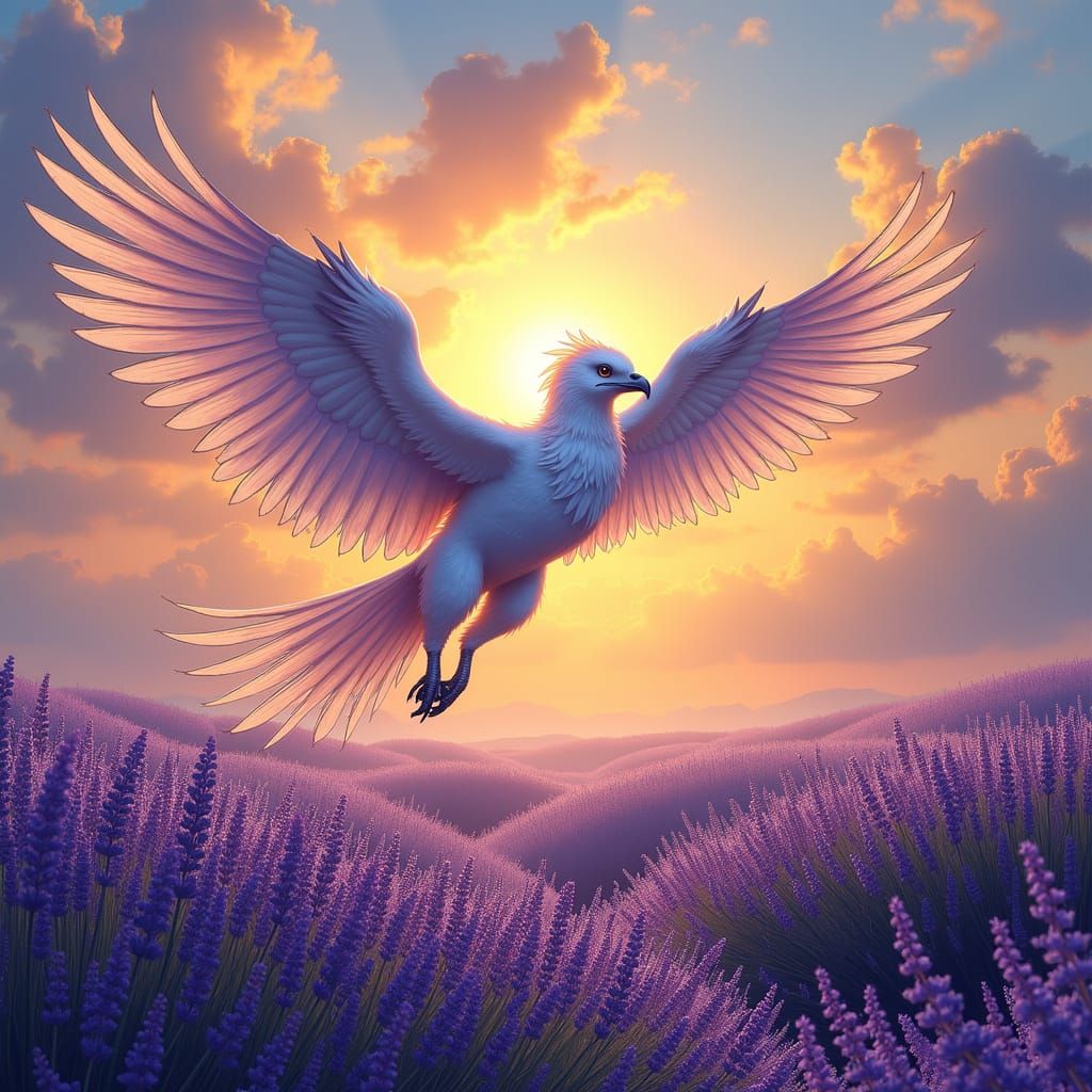Griffin Soaring Above Lavender Field in Art Nouveau Style