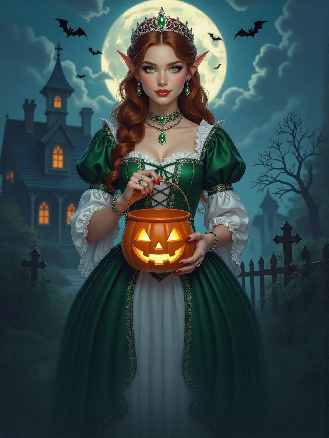 Elven Woman in Medieval Dress Holding Jack-o-Lantern Bucket