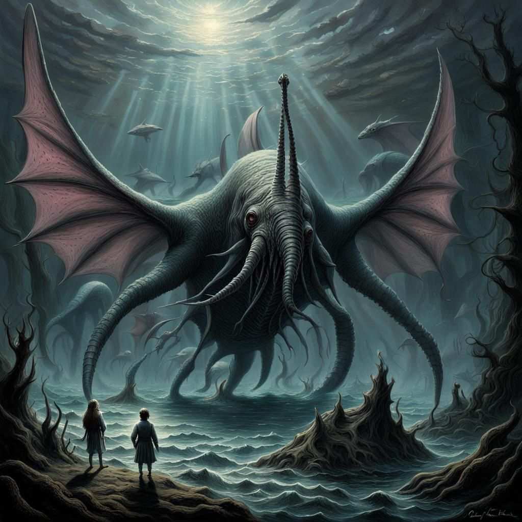 Lovecraftian Horror: Winged Crustacean in Gustave Doré Style