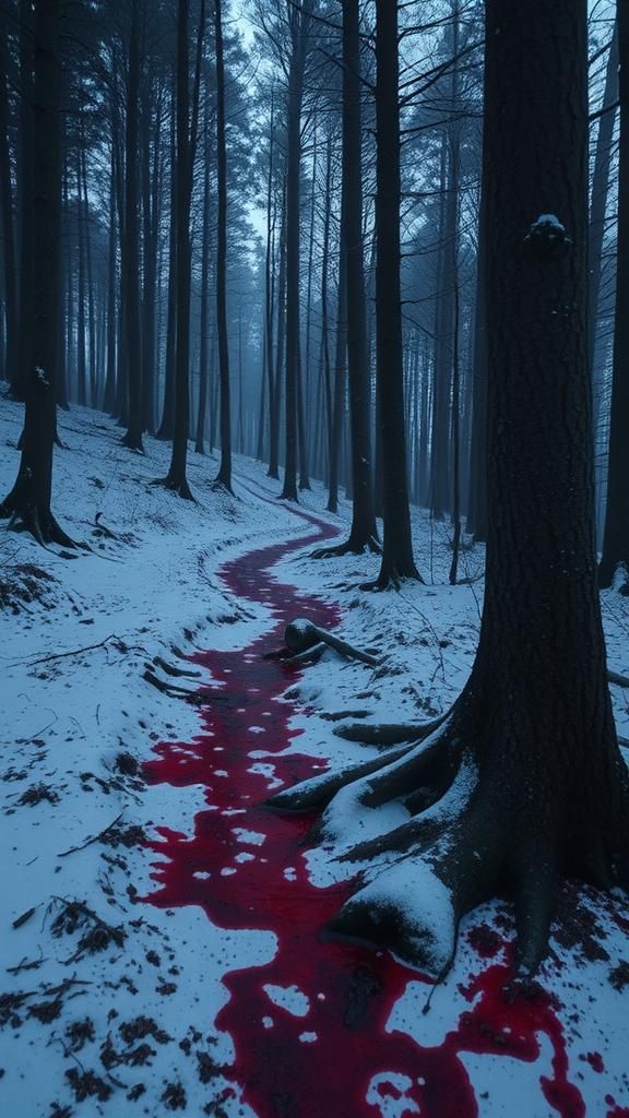 Dark Forest Scene with Snow and Blood
