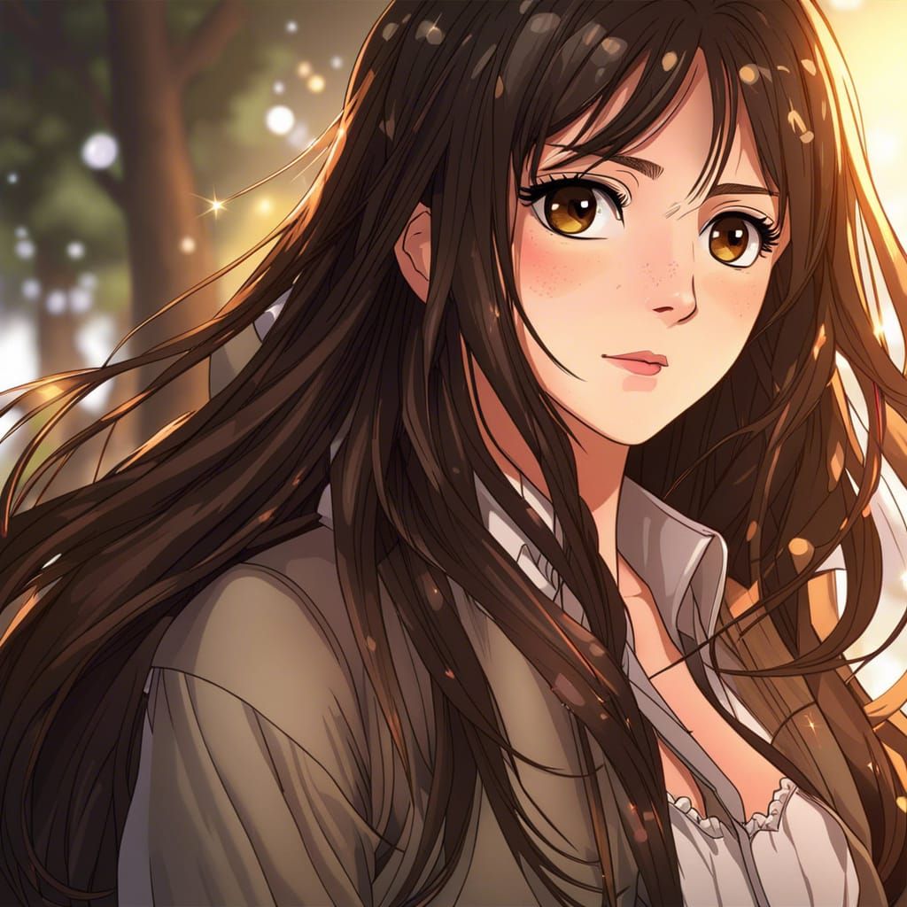 Anime Woman with Freckles and Hazel Eyes