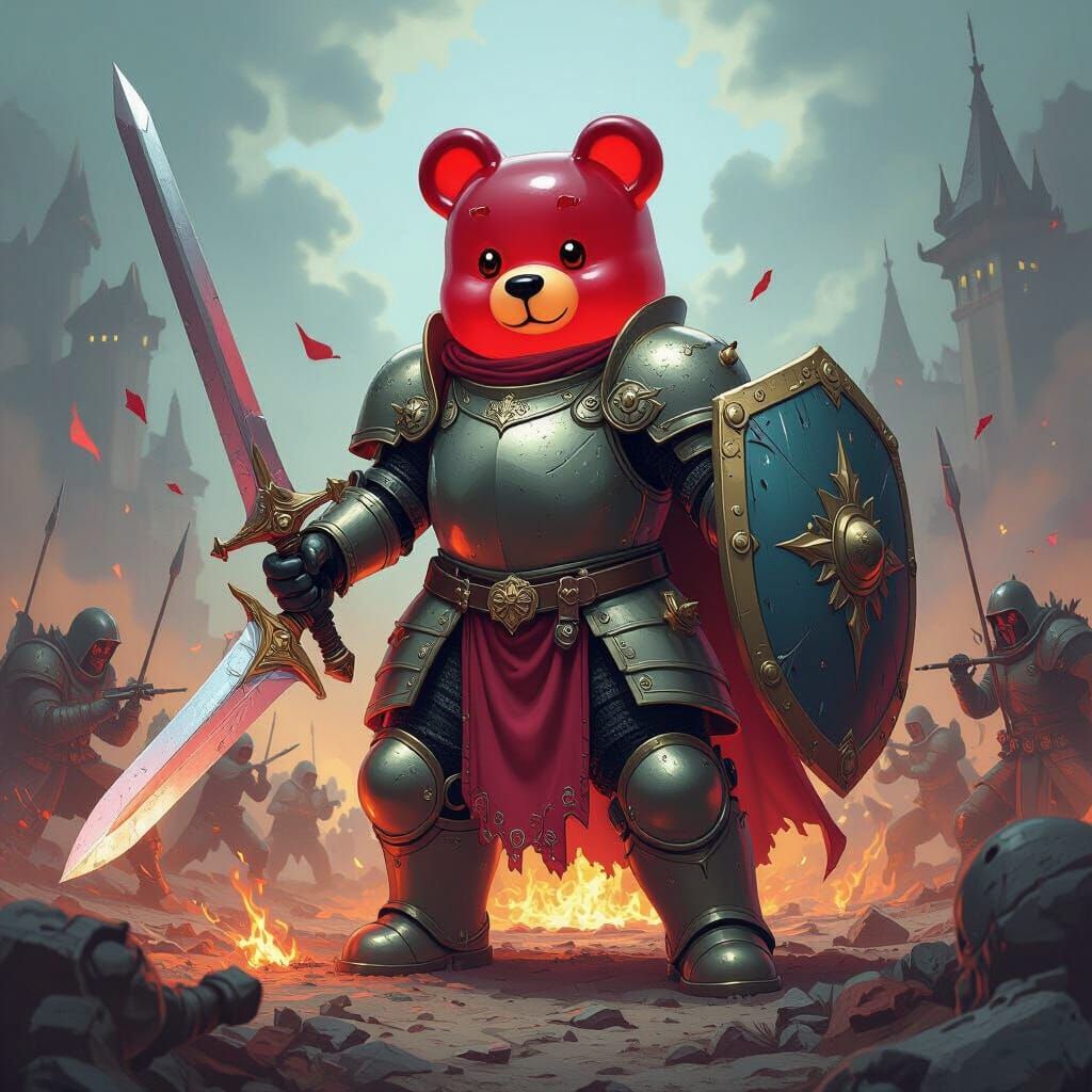 Gummy Bear Heroine on Battlefield in Dark Fantasy Style