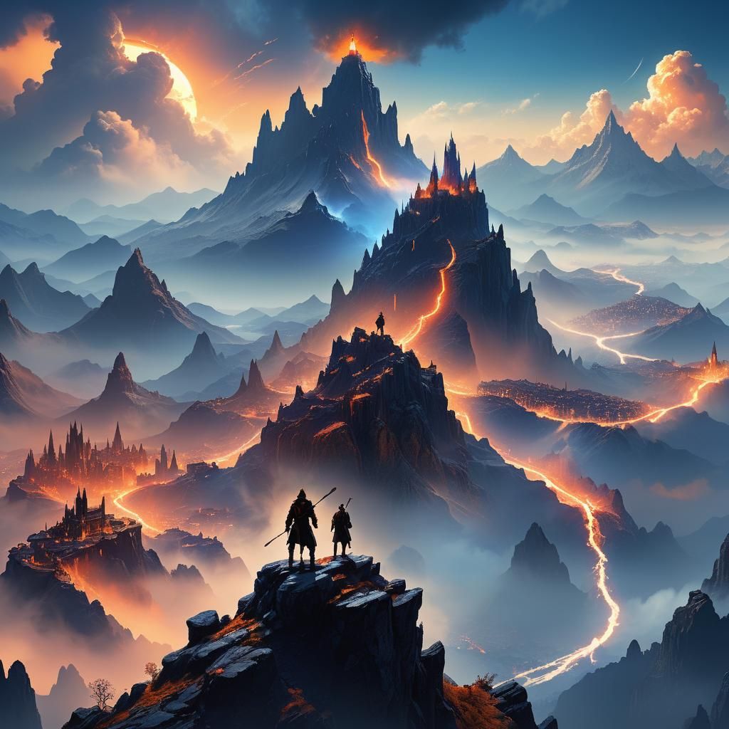 Mystical Adventurer Overlooks Fantasy City in Digital Painti...
