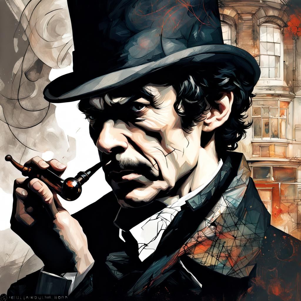 Sherlock Holmes Double Exposure Portrait in Charcoal Style
