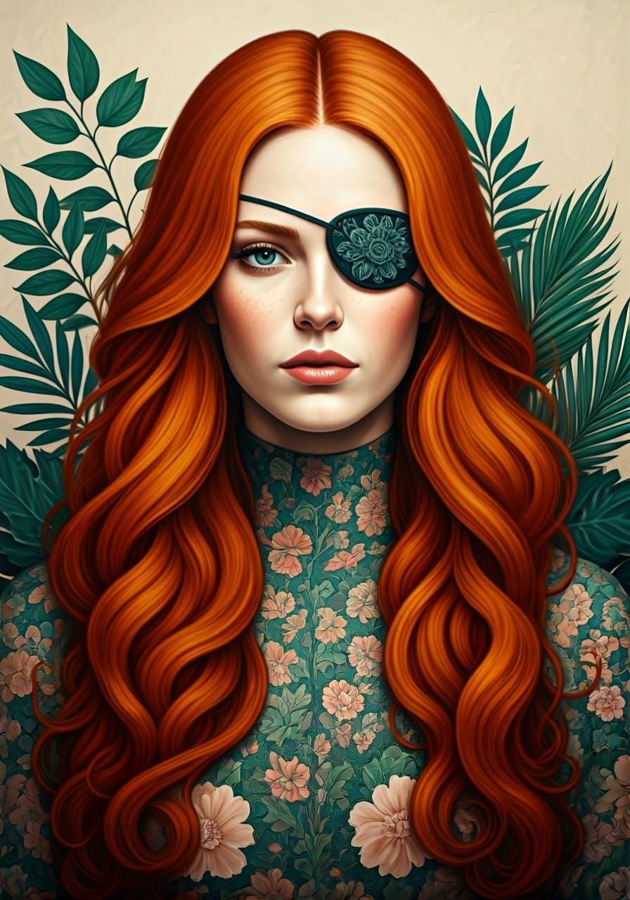 Elegant Woman with Red Hair and Flower Eyepatch Art Nouveau....
