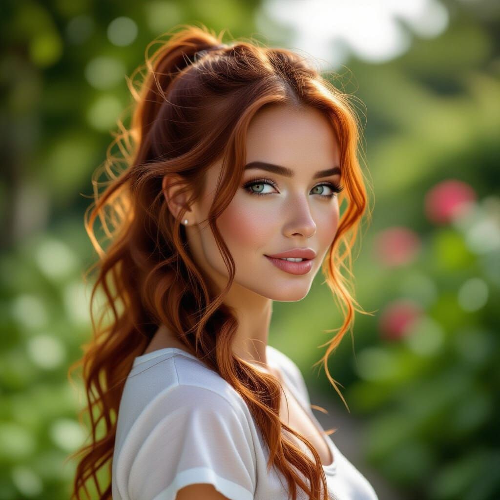 Photorealistic Woman with Red Hair in Garden