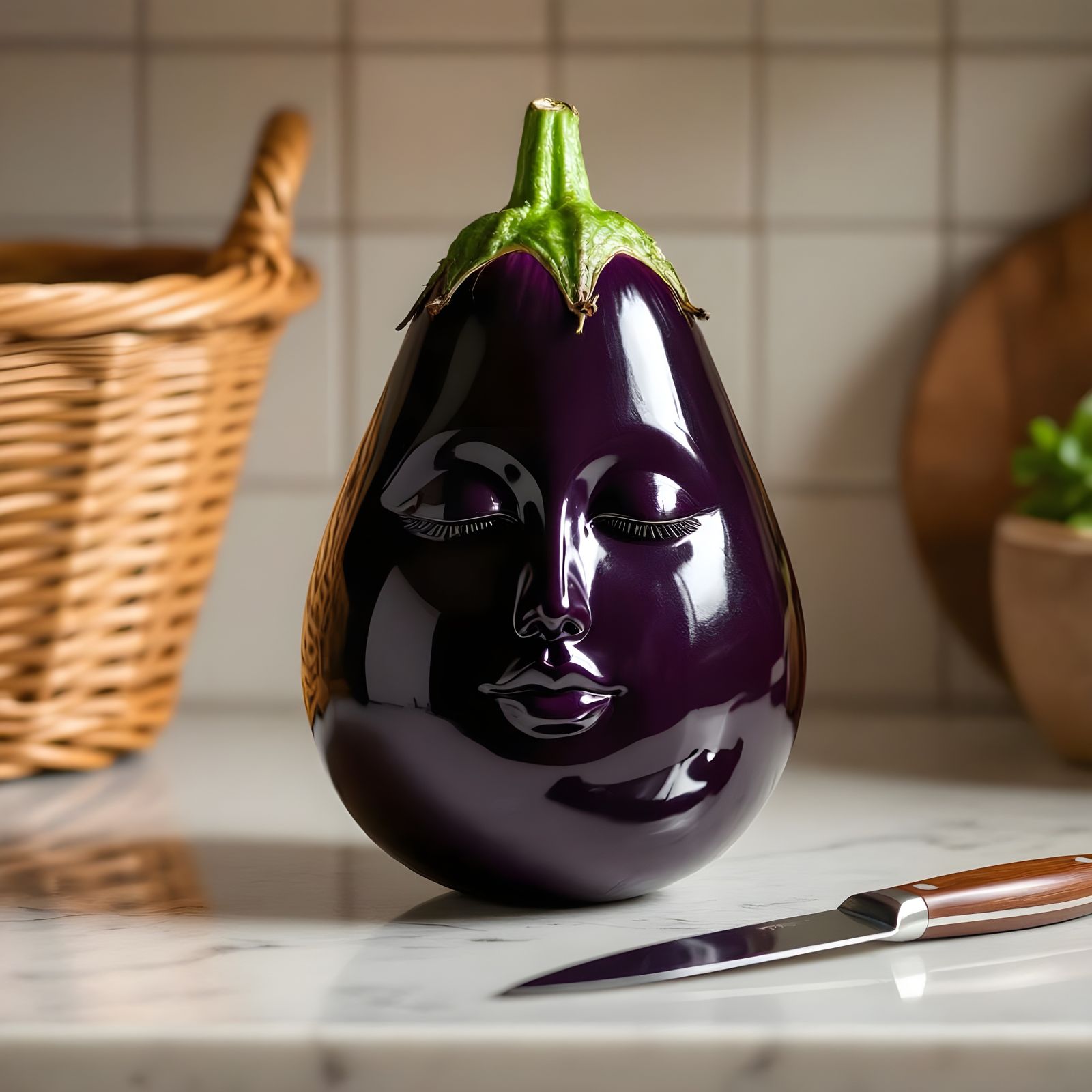 Surreal Eggplant Face Reflects Kitchen Light: Still Life