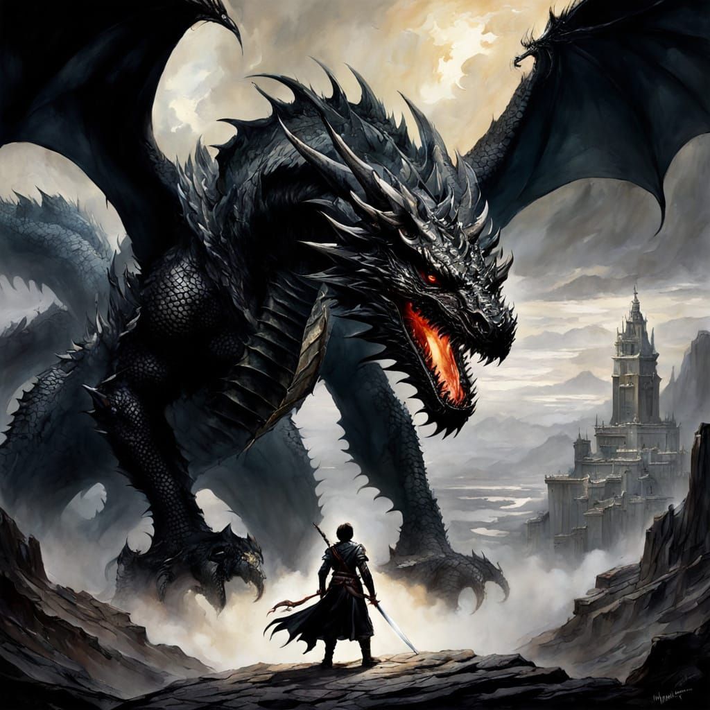 Boy Knight Confronts Dragon in Watercolor Chiaroscuro