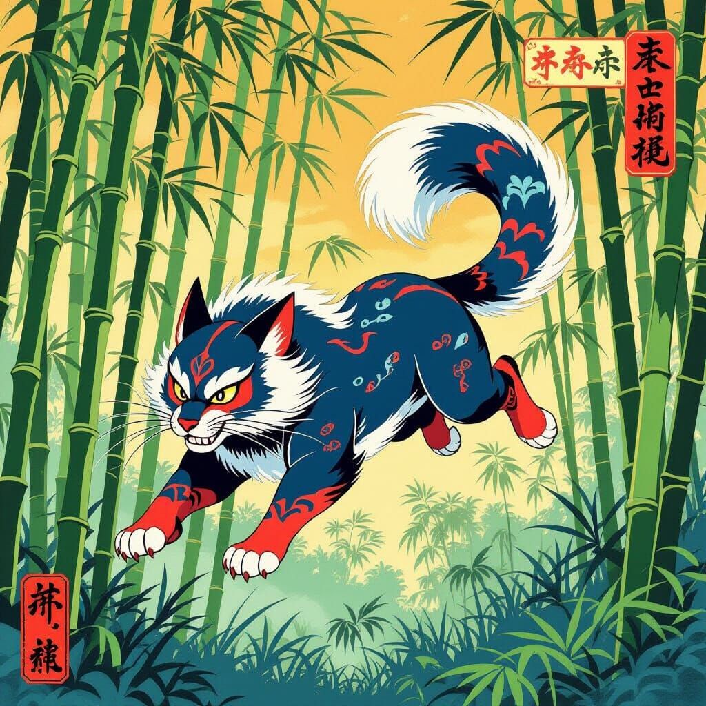 Zouwu Leaping Through Bamboo Forest in Ukiyo-e Style