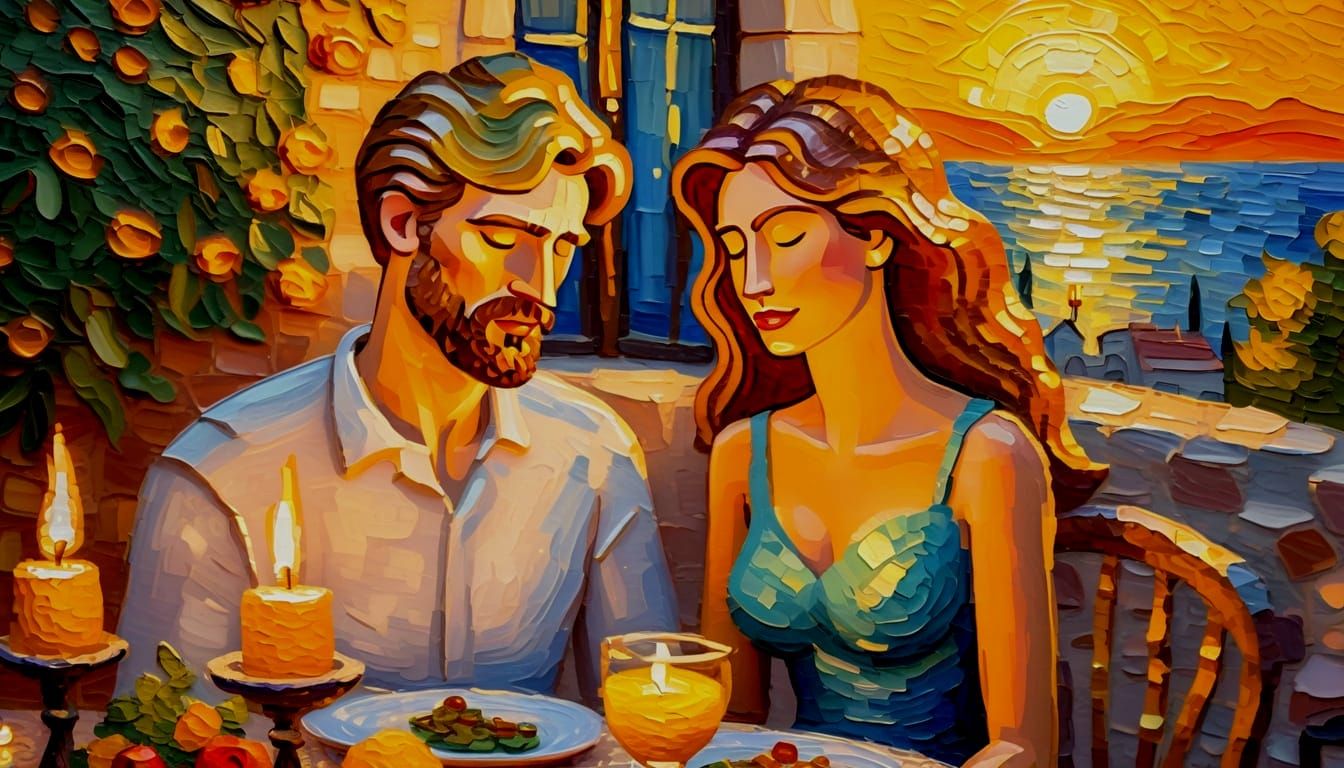 Romantic Villa Dinner: Impressionist Oil Painting at Sunset