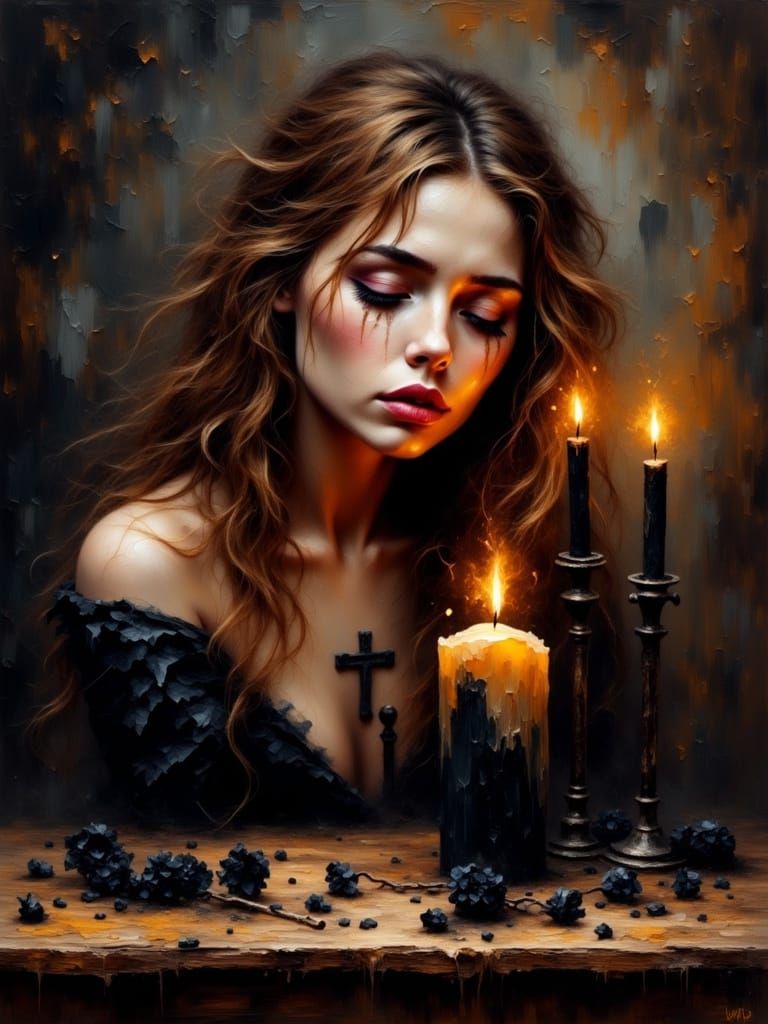 Woman Crying at Candle in Grunge Oil Painting Style