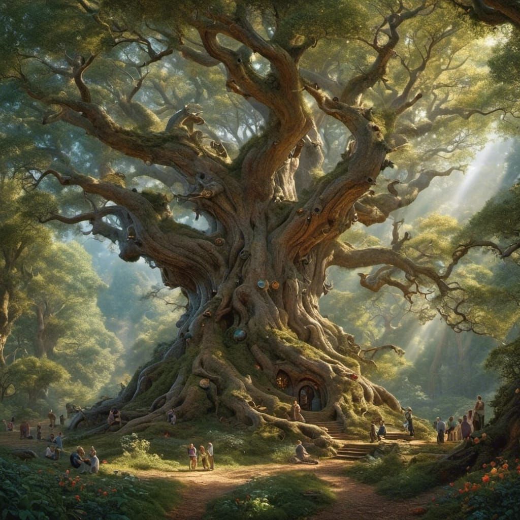 Oak Tree Surrounded by Dancing Faeries