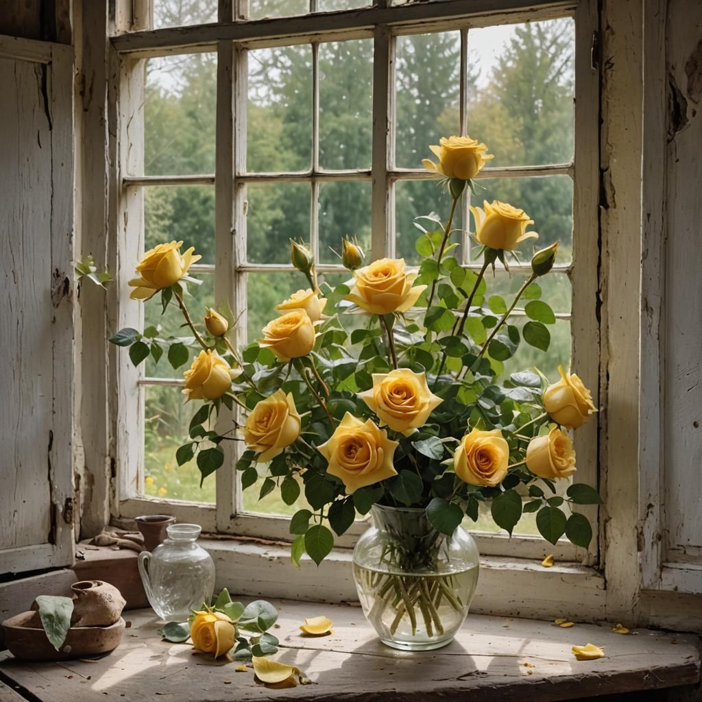 Yellow Roses by Cottage Window: A Peaceful Still Life