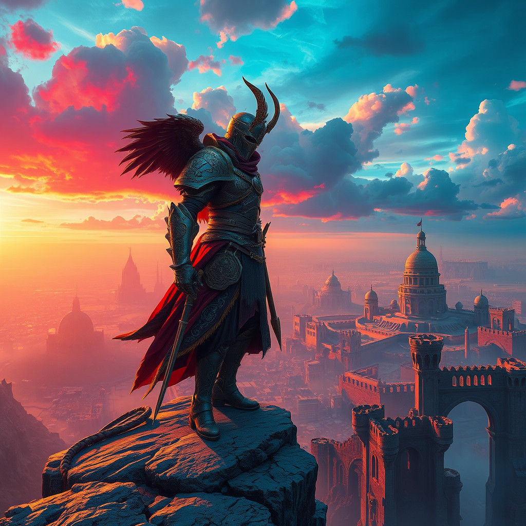 Rebellious Armored Figure in Ruined Cityscape