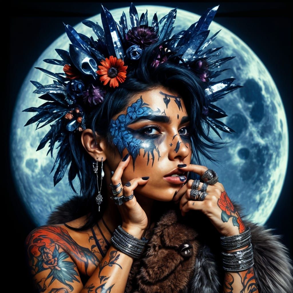 Resilient Hispanic Woman with Crystal Mohawk & Moon