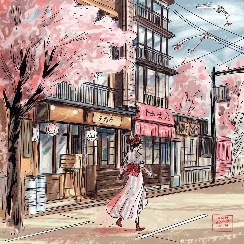 Vibrant Japanese Street Scene with Geisha and Sakura Trees