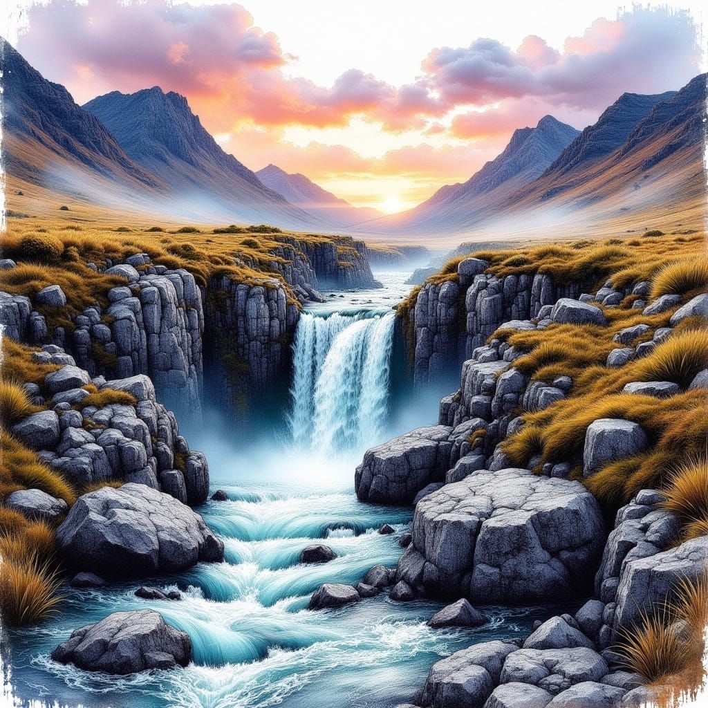 Surreal Irish Landscape with Aqua-Coloured Waterfall and Riv...