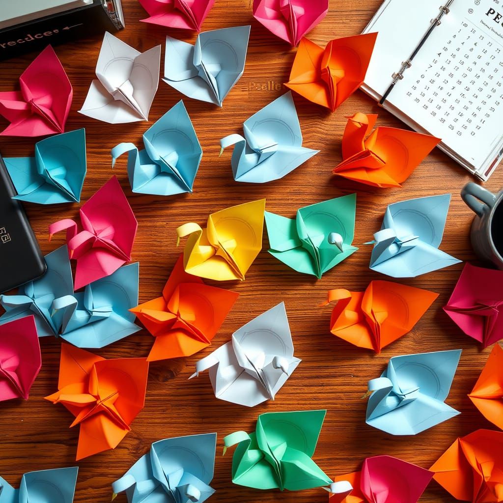 Colorful Origami Swans Made of Newspaper