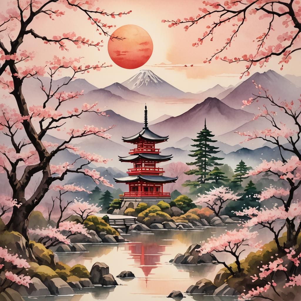Serene Japanese Landscape with Pagoda and Cherry Blossoms