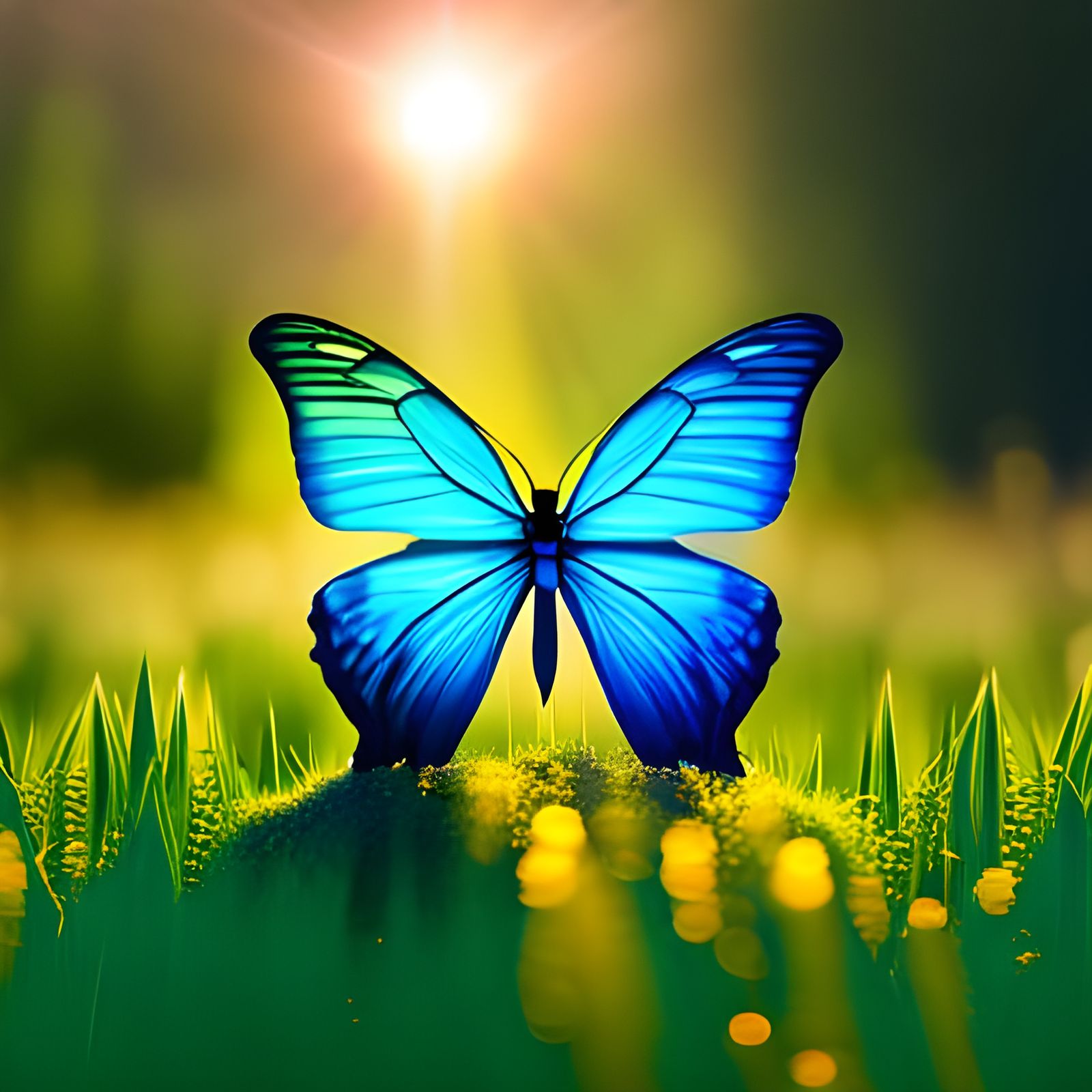 Metal Butterfly on Clock in Synthwave Meadow