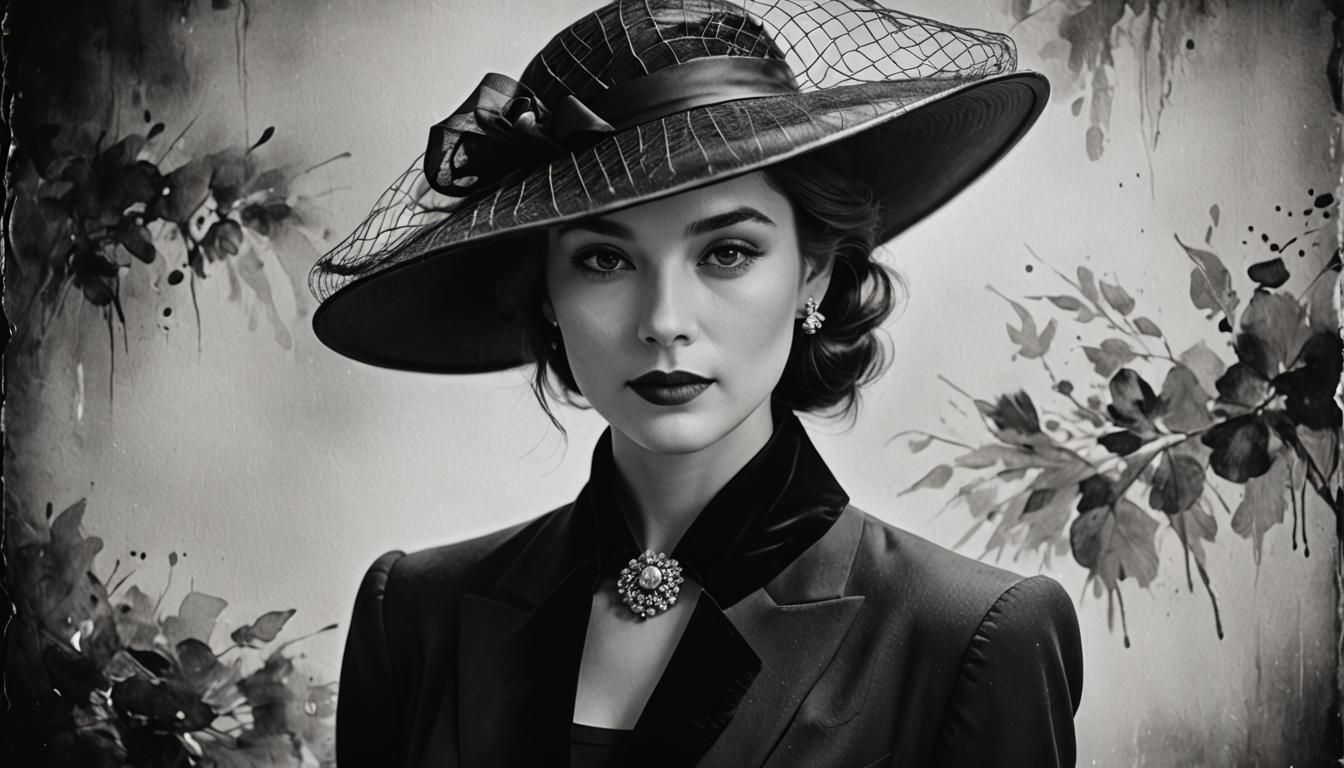 Elegant Lady in Black Hat: Vintage Oil Painting