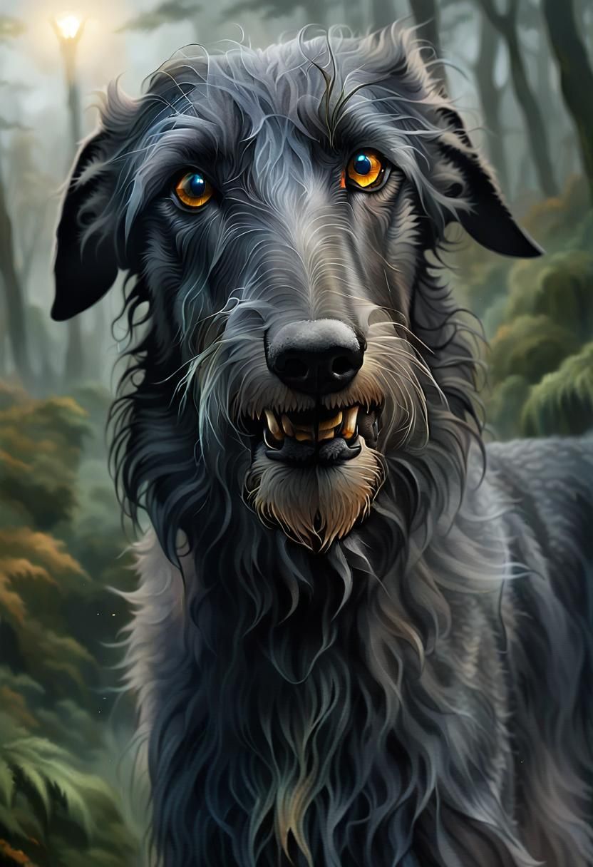 Scottish Deerhound Animagus in Misty Forest, Oil Painting