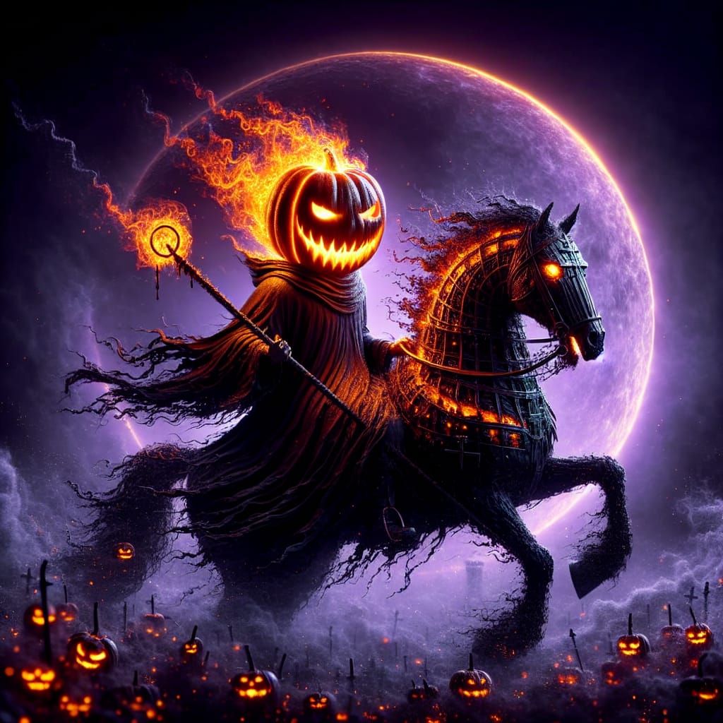 Eerie Horseman with Jack-o'-Lantern Head in Dark Art Style