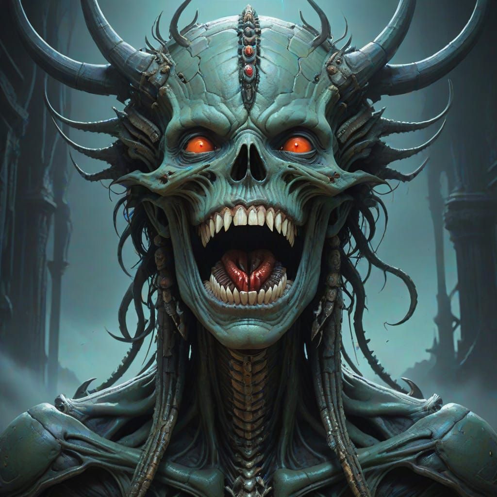 Gothic Horror Goddess with Twisted Visage and Hanging Entrai...