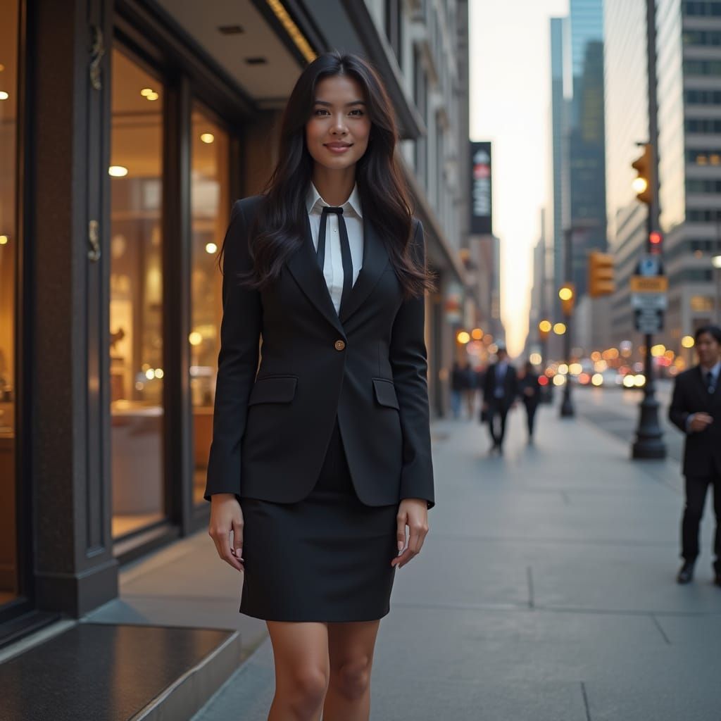 Asian American Woman in Business Suit Outside Hotel Lobby