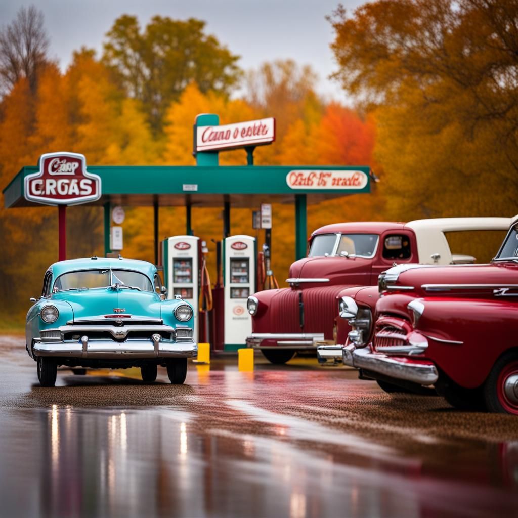 1950s Gas Station Scene with Classic Cars